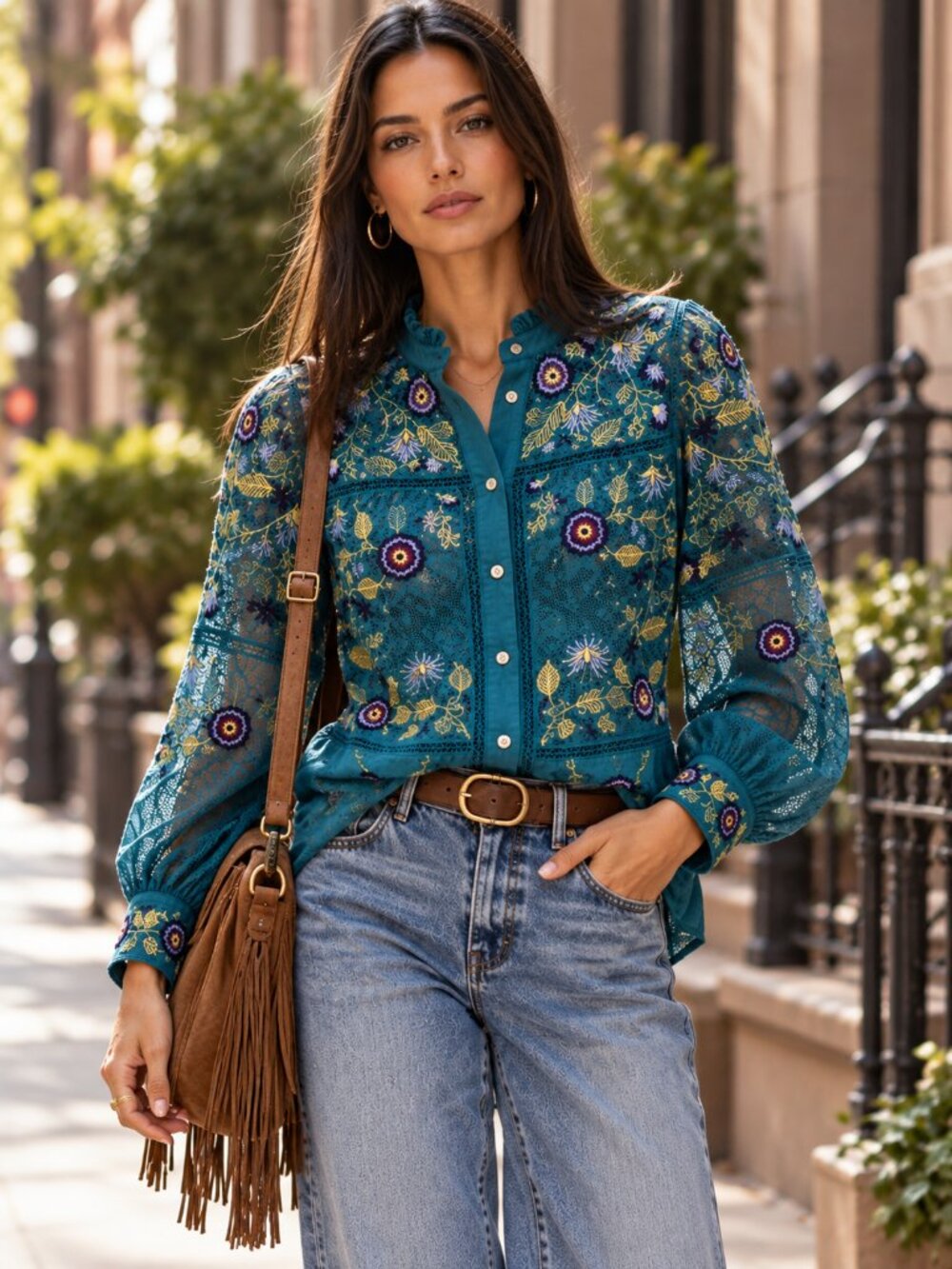 Sundance Beaumont Blooms Top Teal Embroidered Swiss Dot Lace Mesh Blouse XS
